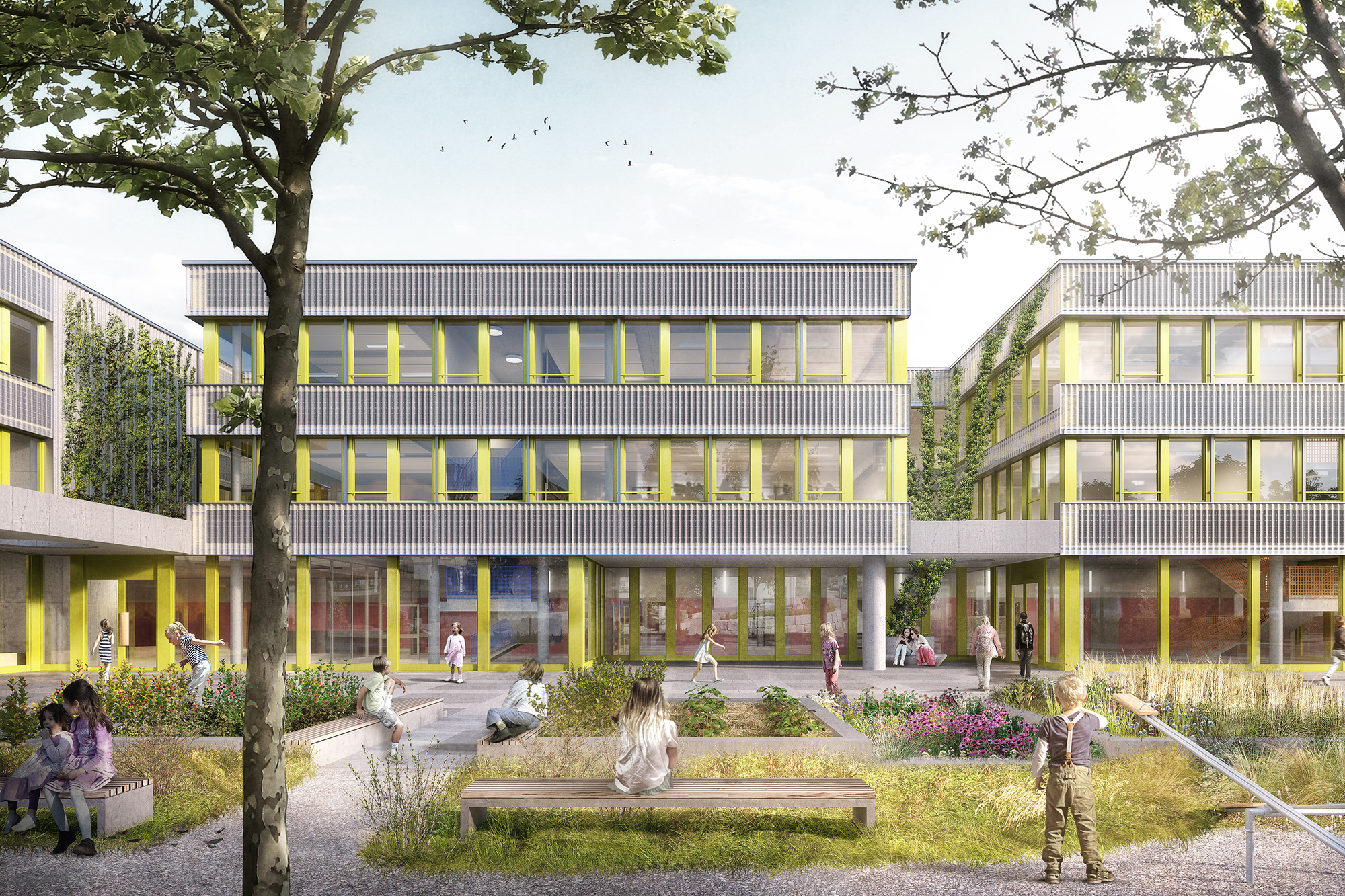 Schulanlage Thurgauerstrasse, Aussenansicht (Visualisierung: © Bollhalder Eberle Architektur, Zürich / loomn architektur visualisierung, Gütersloh)